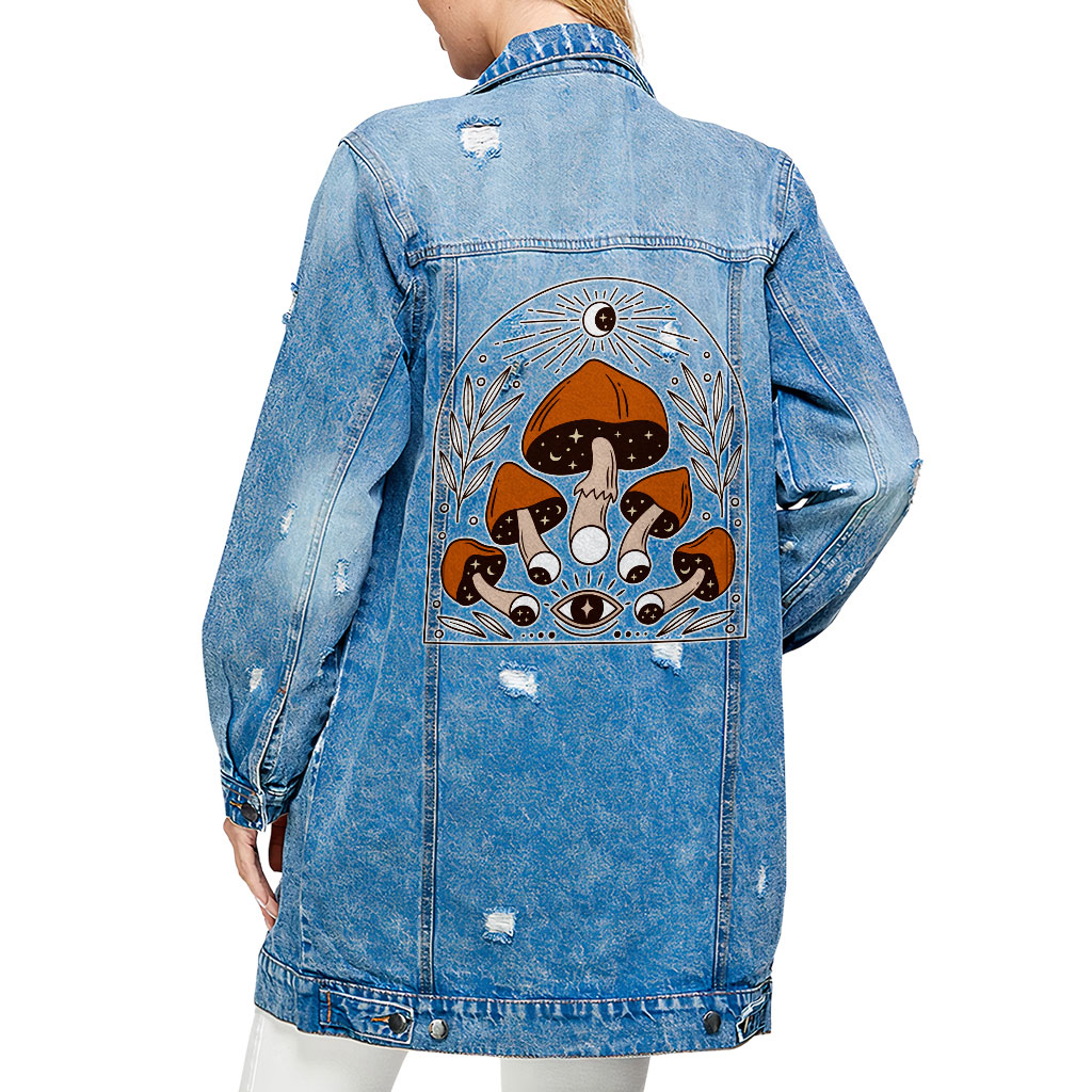 Magic Mushrooms Ladies Denim Jacket with Distressed Moon Phases Women