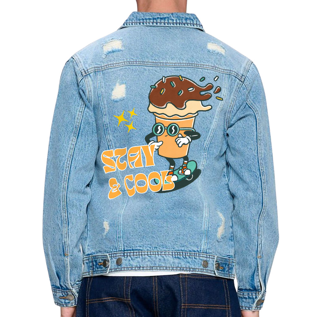 Stay Cool Men's Distressed Denim Jacket Ice Cream Denim Jacket for